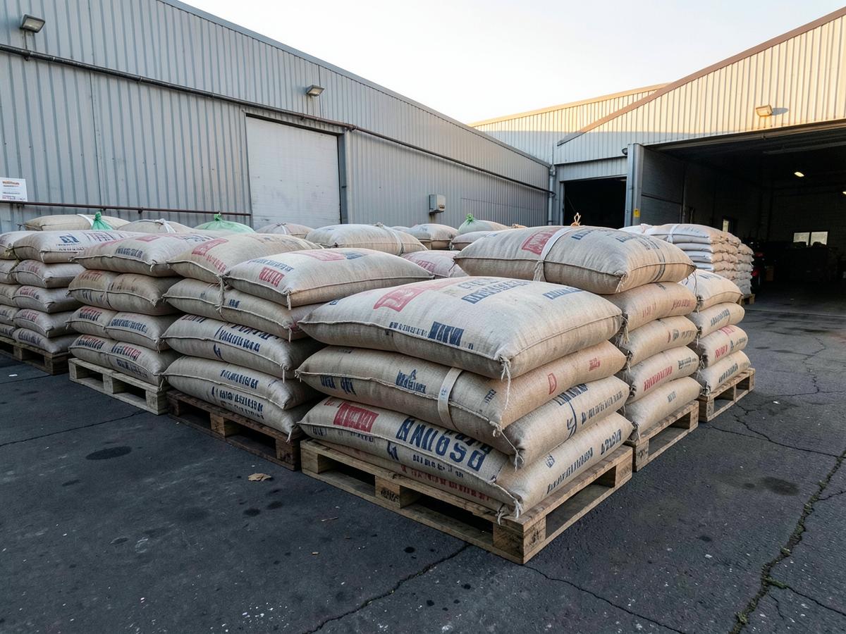 Pallets of food sacks stacked at a warehouse loading bay